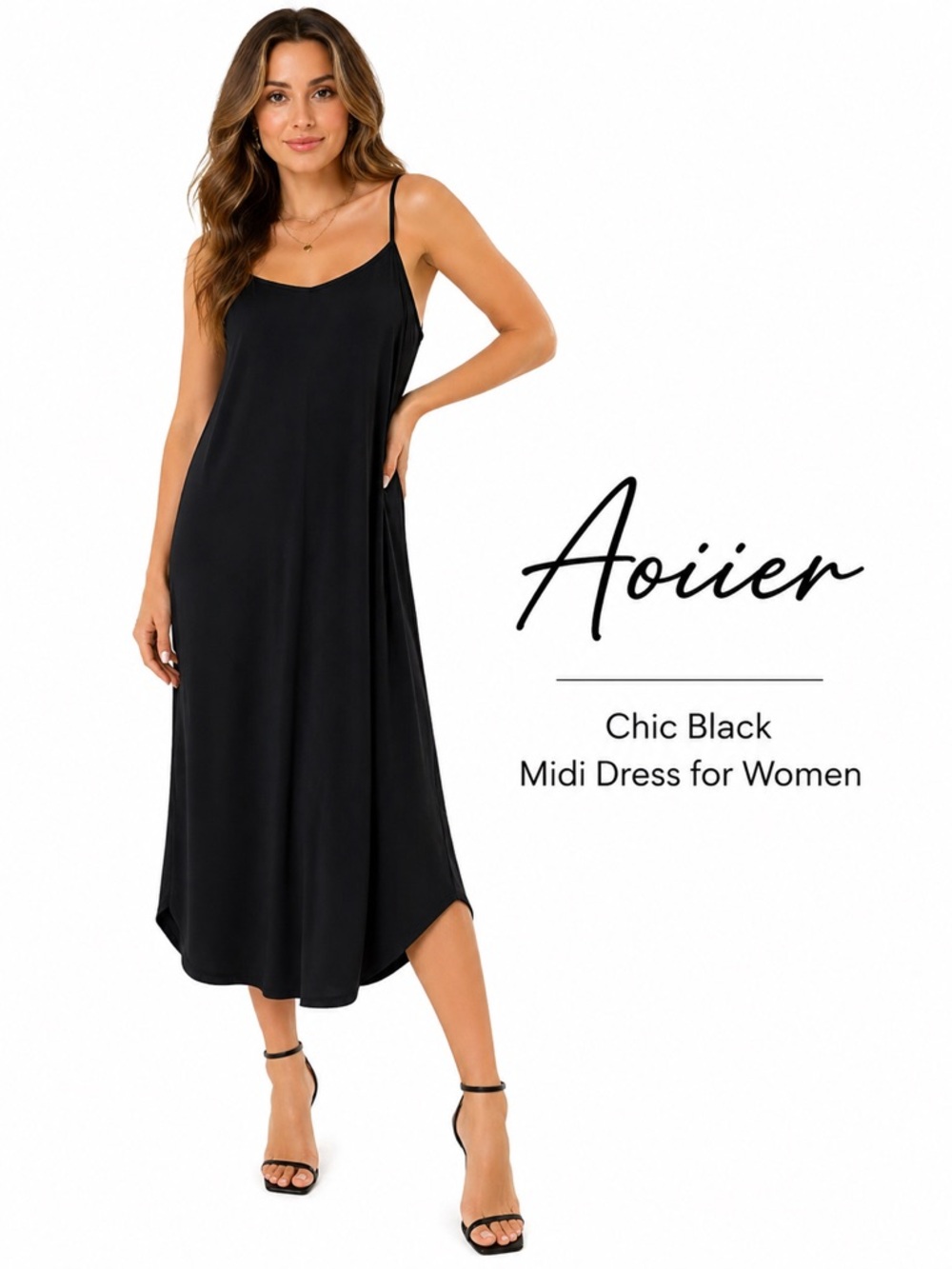 Aviier Black Midi Slip Dress Spaghetti Strap NWT Size L Women